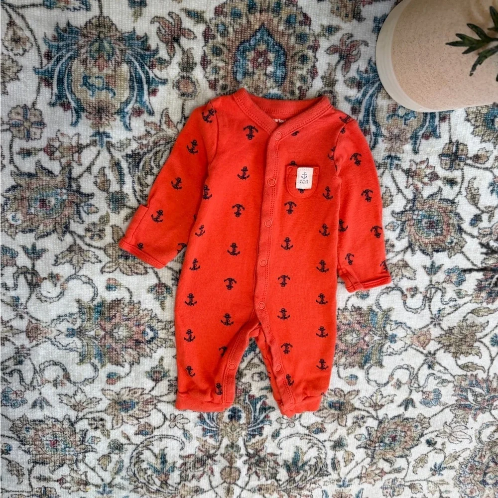 Y2K Carter’s Newborn Nautical Anchor Print Button Snap Romper One Piece Footless